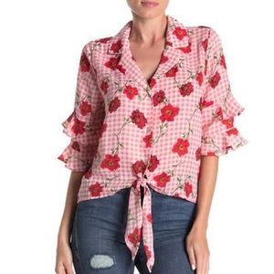 NWT Ruffle Sleeve Tie Knot Gingham Blouse S